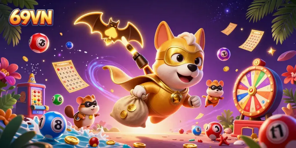 Experience a thrilling gaming adventure at 69VN with our superhero characters capturing gold coins amidst a dynamic casino backdrop.