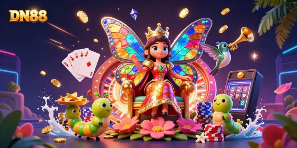 Join the fun at DN88 with a vibrant 3D illustration featuring casino games and a dazzling butterfly queen.
