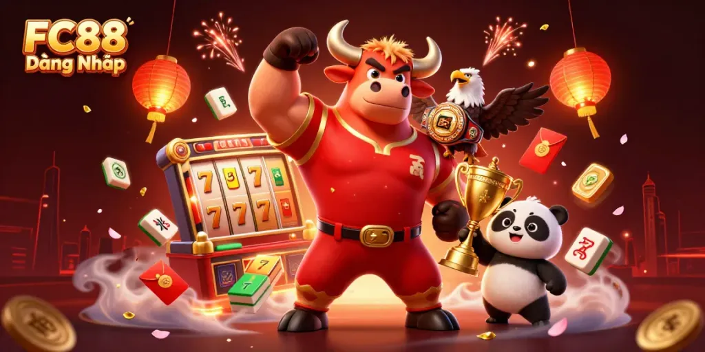 Engage in thrilling gameplay at FC88 Đăng Nhập, featuring an exciting victory scene with animated characters and casino elements.