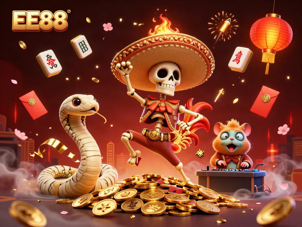 Experience the vibrant EE88 casino scene with dynamic characters and festive elements.