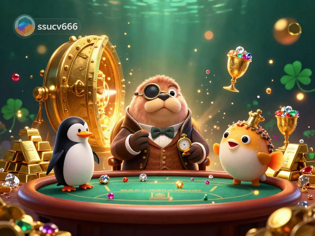 Experience thrilling gameplay with ssucv666 at an underwater poker table featuring a walrus and dealer.