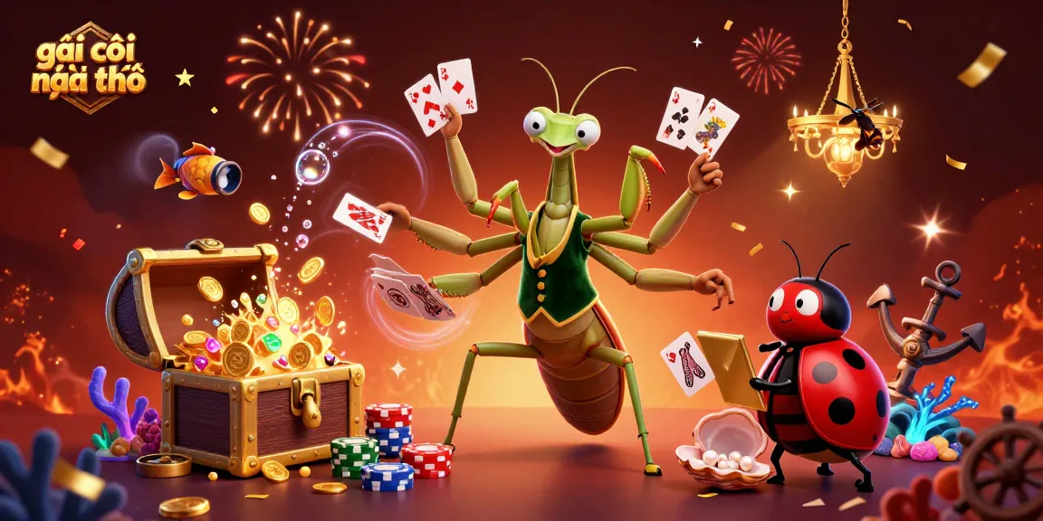 Gái gọi cần thơ showcases a vibrant casino scene featuring a giant praying mantis card sharp and ladybug pit boss.