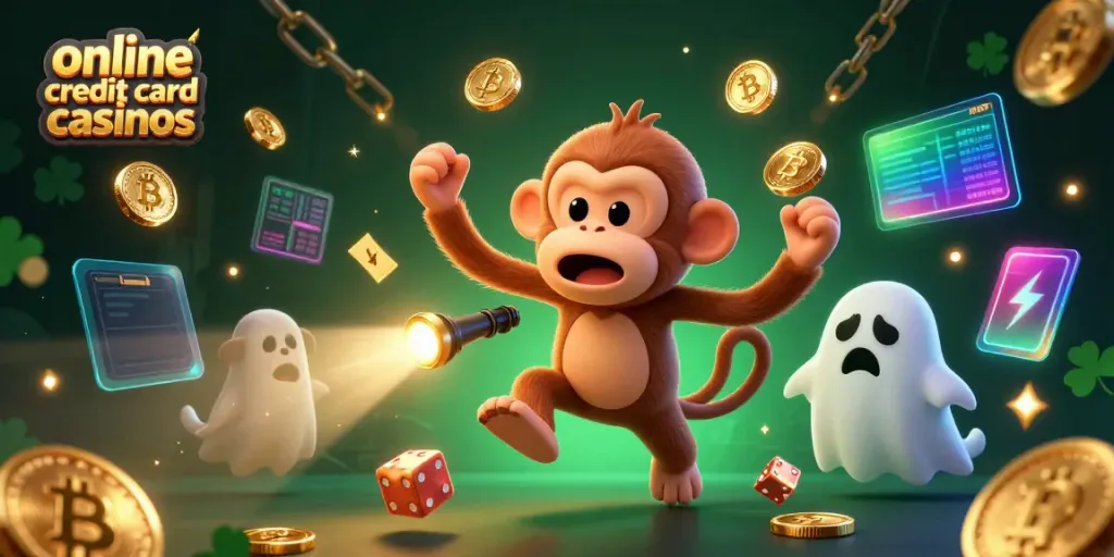 Experience online credit card casinos as a playful ghost and puppy unveil fun and rewards in a bustling haunted casino.