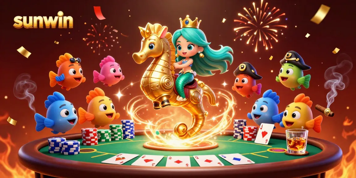 sunwin showcases a vibrant casino scene with a mermaid princess on a seahorse amidst festive poker elements