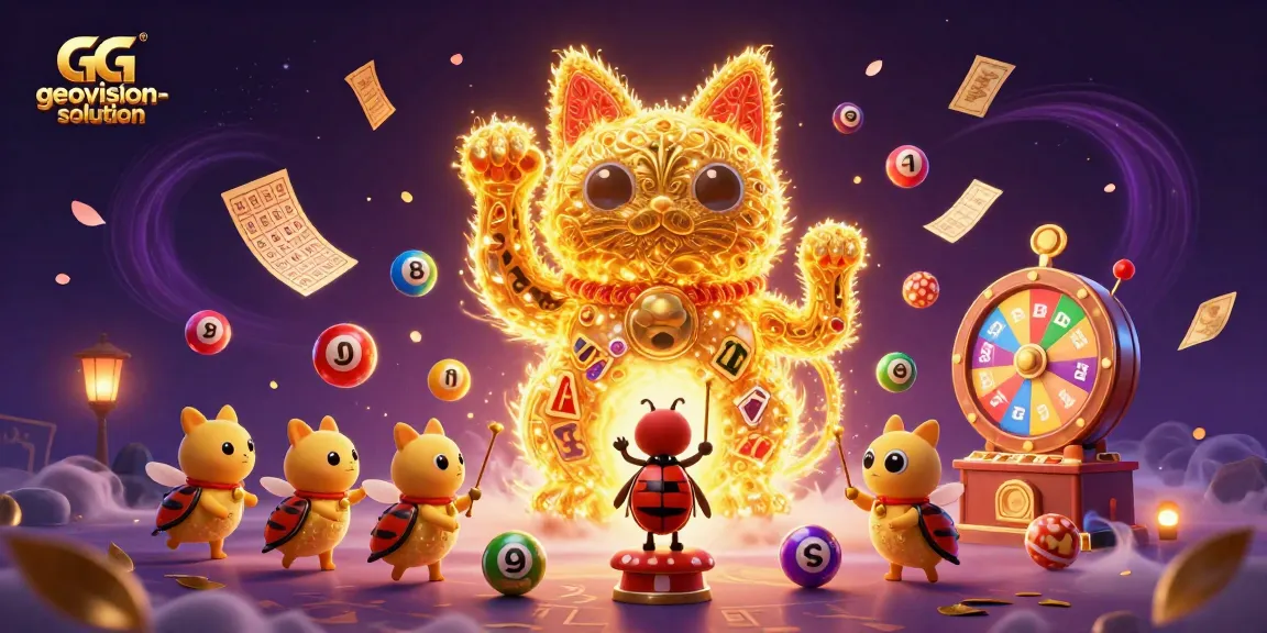 Engage with geovision-solution in this vibrant 3D illustration of a lucky cat surrounded by lottery elements.