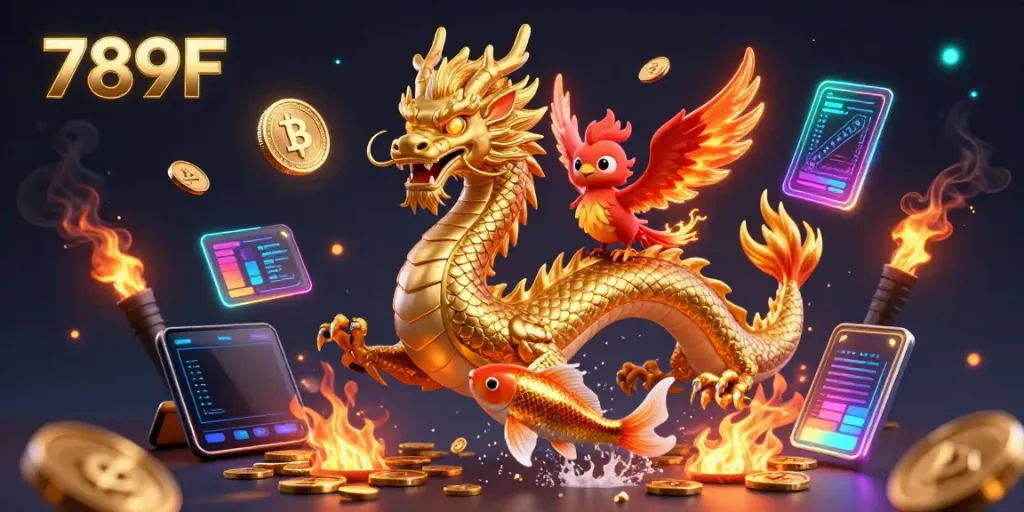Experience thrilling gameplay at 789F with a visually rich illustration of a golden dragon, phoenix, and koi fish.