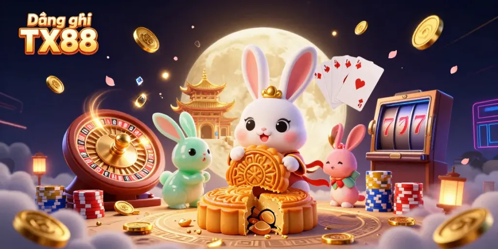 Experience exciting gaming with Đăng ký TX88, featuring playful rabbits and casino elements in a vibrant scene.