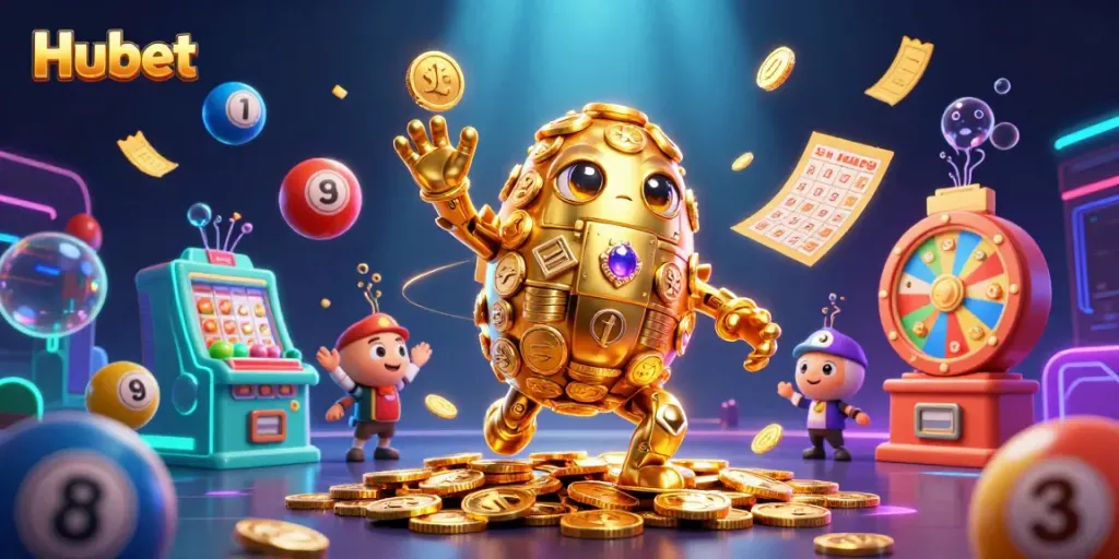 Engage with Hubet's casino world featuring a golden golem and dynamic lottery elements.