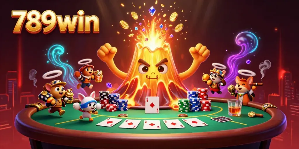 Play thrilling casino games with 789win's vibrant illustration of a golden volcano erupting treasure amidst poker excitement.