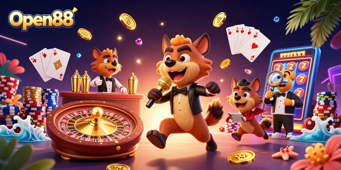 Experience Open88 with a comedy casino featuring hyenas mixing drinks and sharing laughs while winning big.