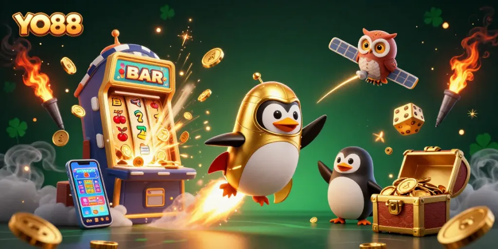 Experience excitement with YO88's dynamic gaming scene featuring vibrant casino elements and golden penguin.