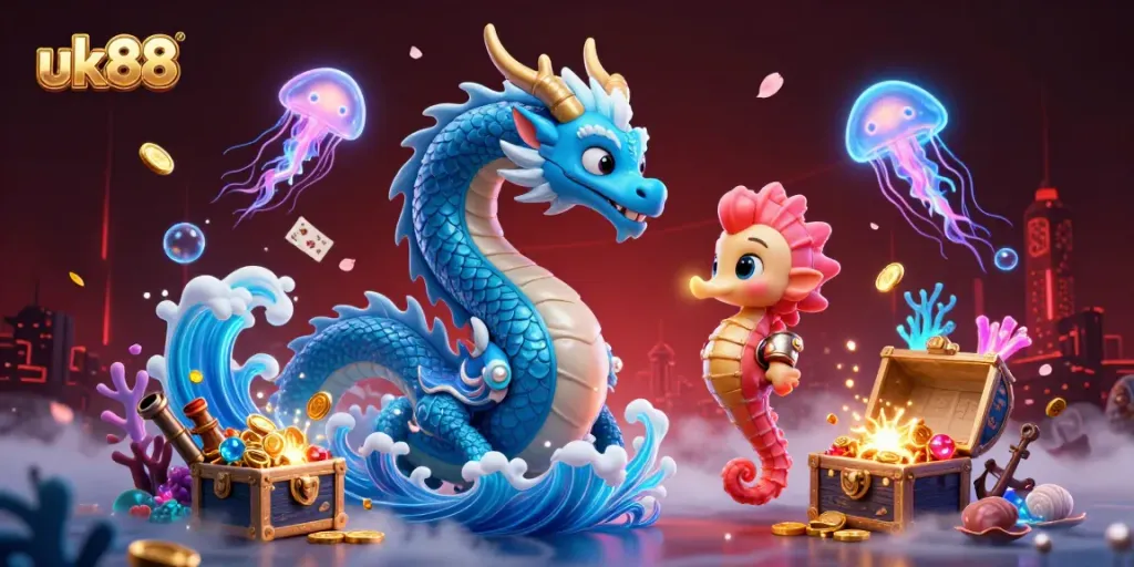 Engage in thrilling gaming adventures with the vibrant scene showcasing uk88's enchanting dragon and seahorse knight.