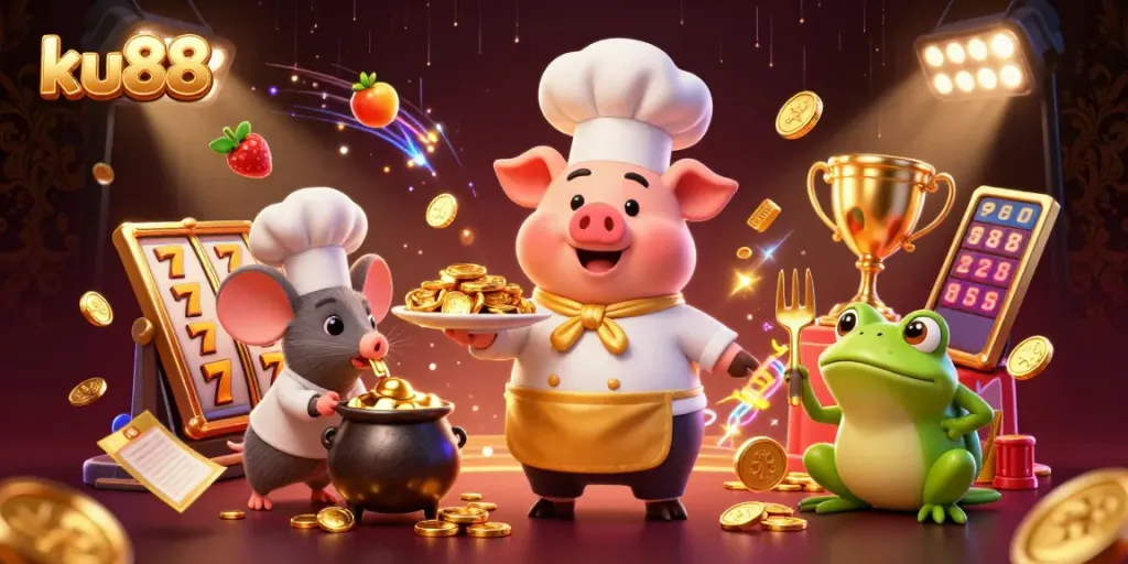 ku88 casino chef pig serving gold coins alongside a sous-chef mouse and critic frog in a lively gaming art scene