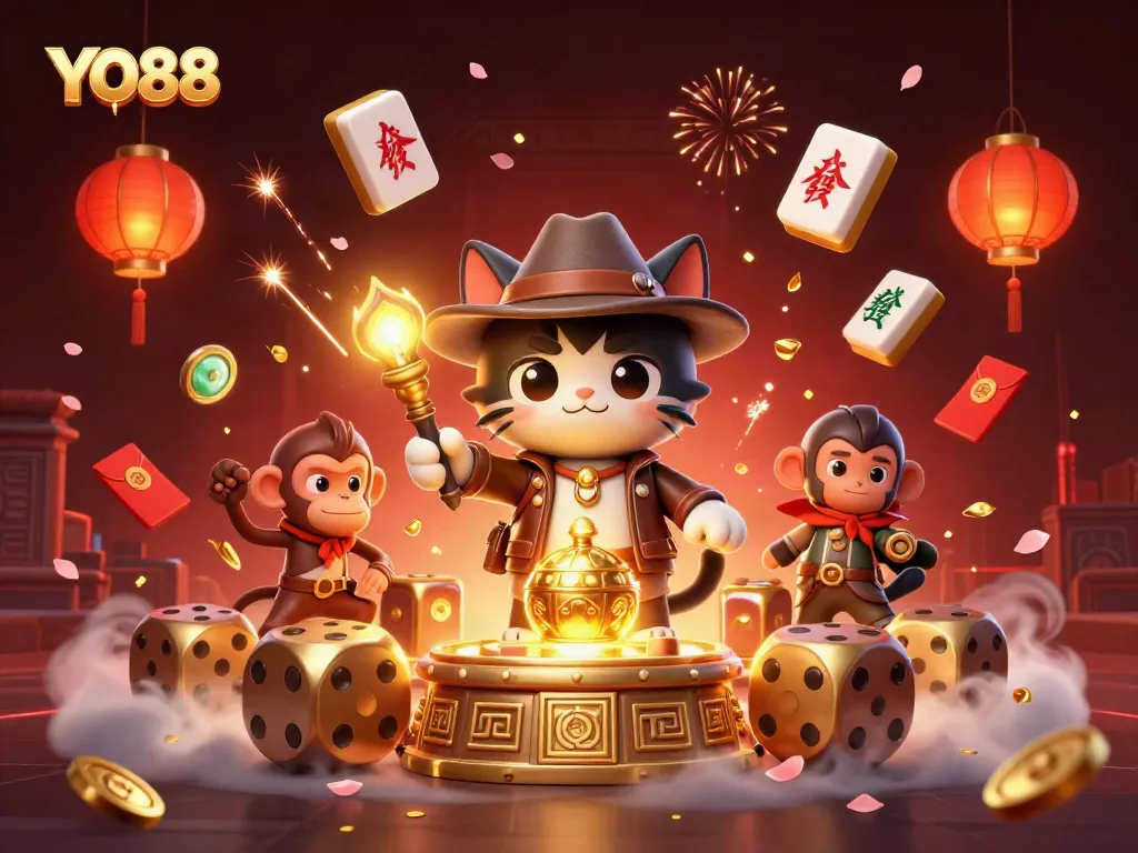 Engage with YO88 in an energetic casino adventure featuring a cat archaeologist and monkey companion.