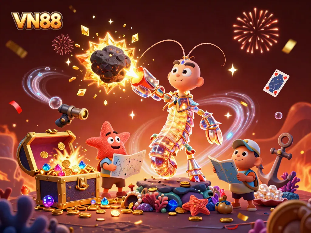 Experience the vibrant VN88 online casino with a cartoon galactic mantis shrimp and treasures bursting into action.