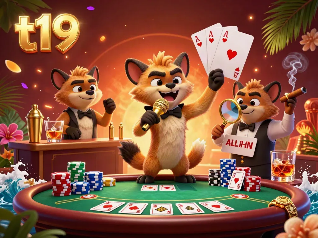 Hyenas entertain at t19 casino, featuring vibrant colors and dynamic poker elements.