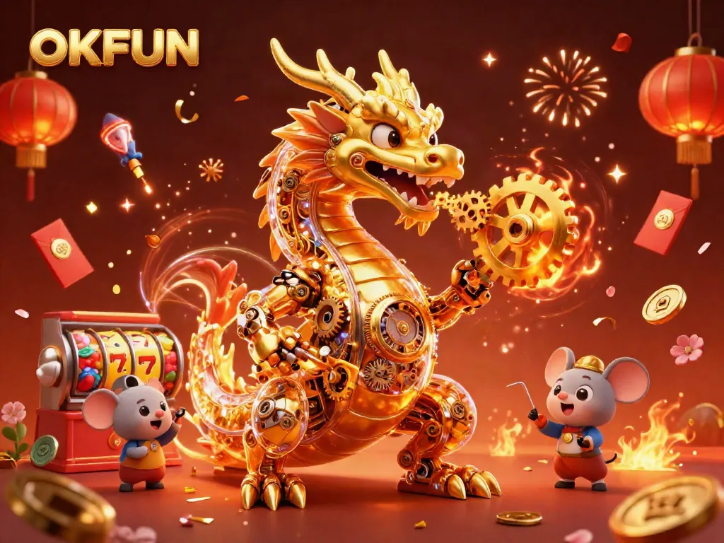 Engage with the thrilling games at OKFUN, featuring dynamic spinning slot reels and a golden dragon.