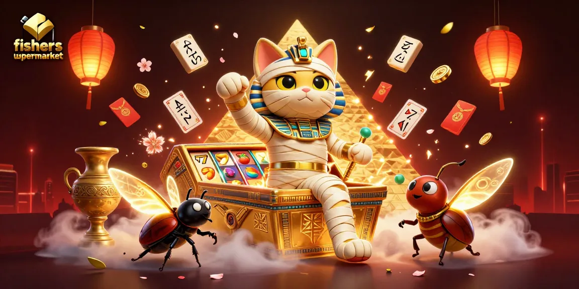Engage in thrilling casino action at fishersupermarket with a vibrant Egyptian theme showcasing a mummy cat and dynamic slot elements.