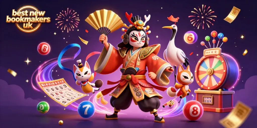 Celebrate with the best new bookmakers UK in an energetic 3D illustration surrounded by bouncing lottery elements.