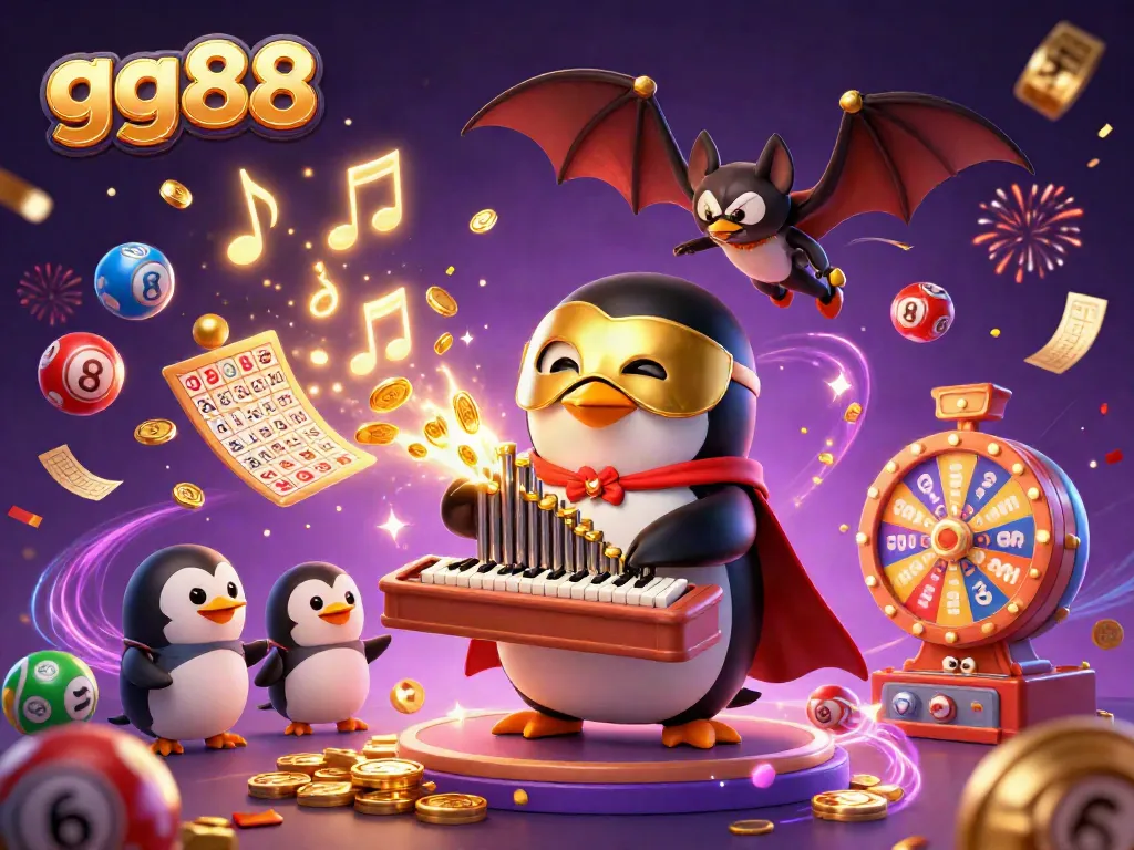 gg88 players enjoying a vibrant casino atmosphere with golden coins raining from a penguin's pipe organ.