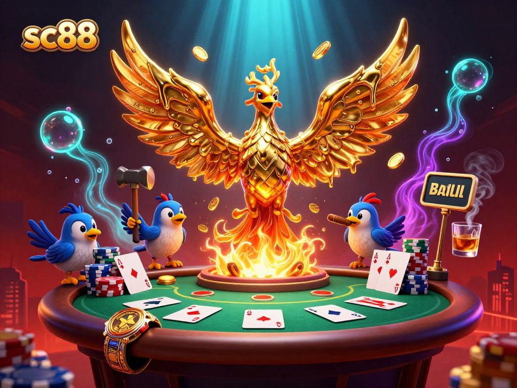 Engage in the thrill of poker with sc88 as molten gold transforms into coins amidst a vibrant casino backdrop.