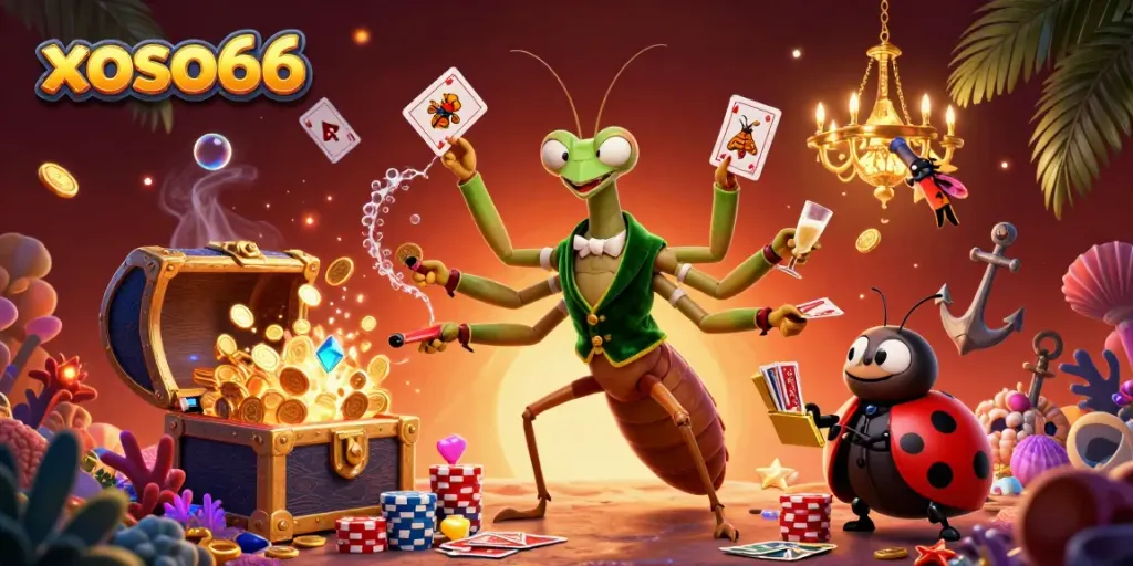 Experience thrilling gameplay with xoso66 as colorful characters deal cards and celebrate in a vibrant casino scene.