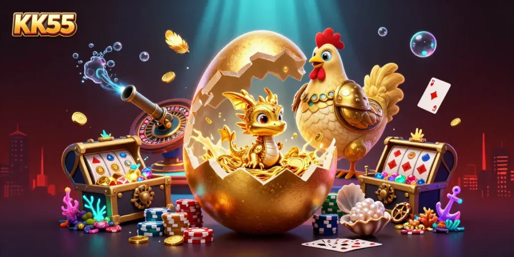 Enjoy the excitement of KK55 with a golden dragon guarding poker chips in a lively casino scene.