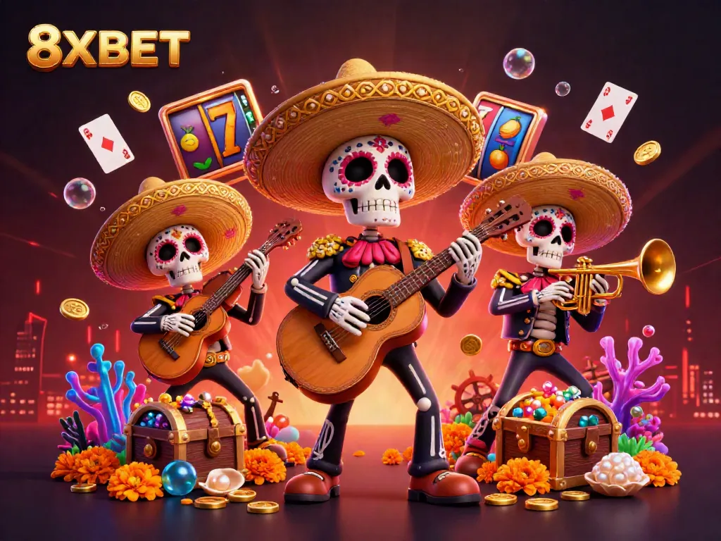 Experience the vibrant energy of 8XBET with colorful skeletal mariachi musicians surrounded by slot reels and underwater treasures.