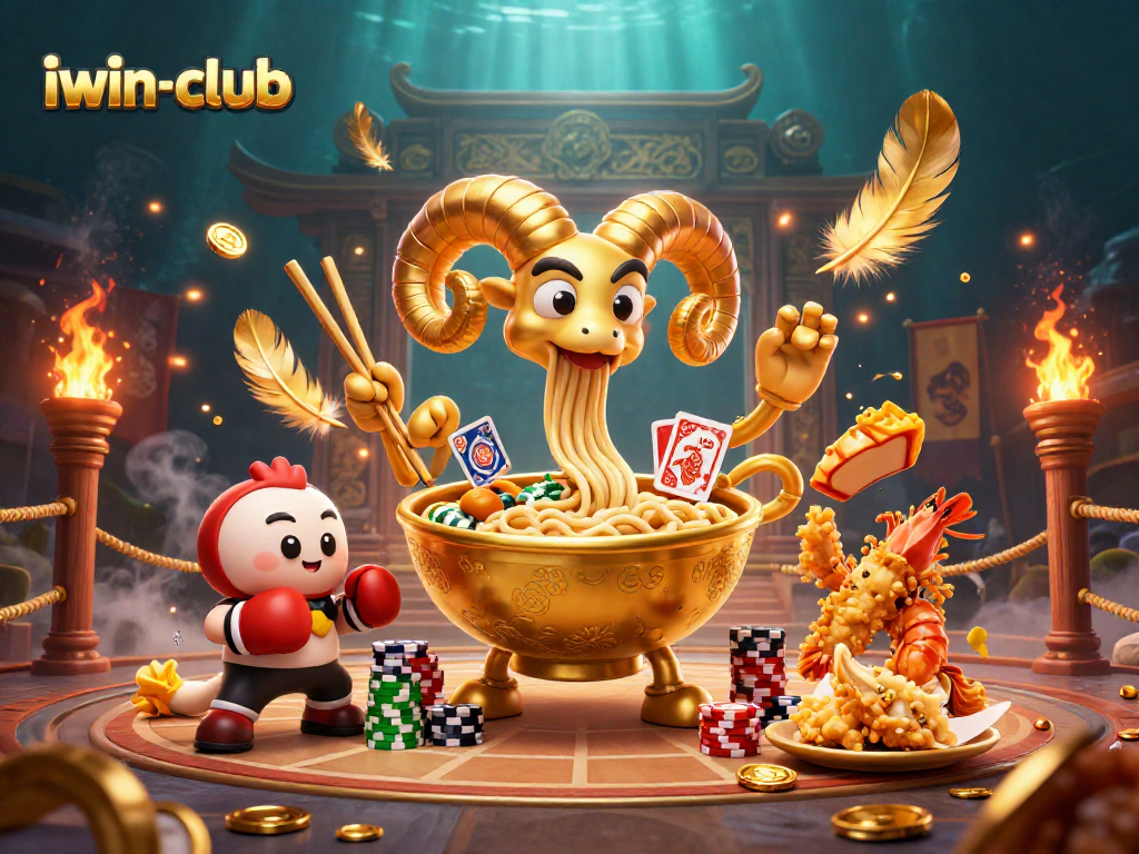The iwin-club scene showcasing a giant golden ramen bowl dealing cards and chips in a vibrant arena.