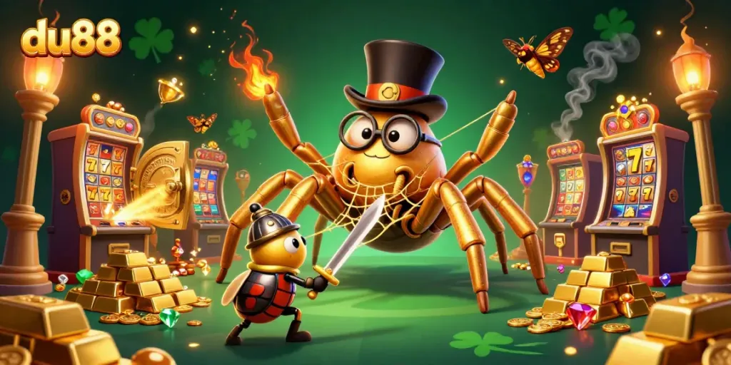 Experience thrilling gameplay at du88 with characters and golden treasures in a vibrant casino scene.