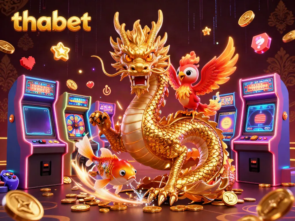 Experience thrilling gaming at thabet with a dynamic 3D dragon scene packed with casino elements.