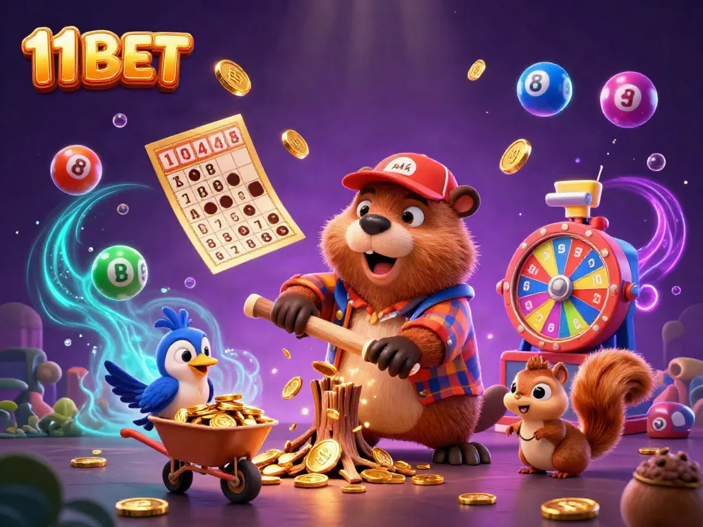 Experience excitement with 11 BET as the beaver layers golden coins and lottery balls in a vibrant casino world.
