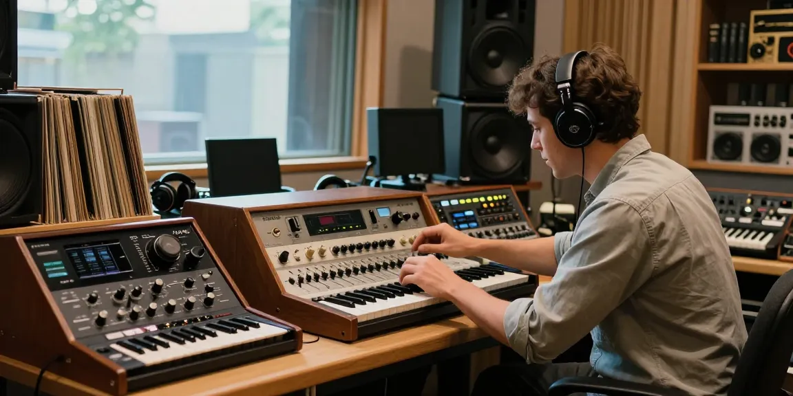 Audio engineer adjusting vintage DA88 multitrack recorder in a warm, creative studio.