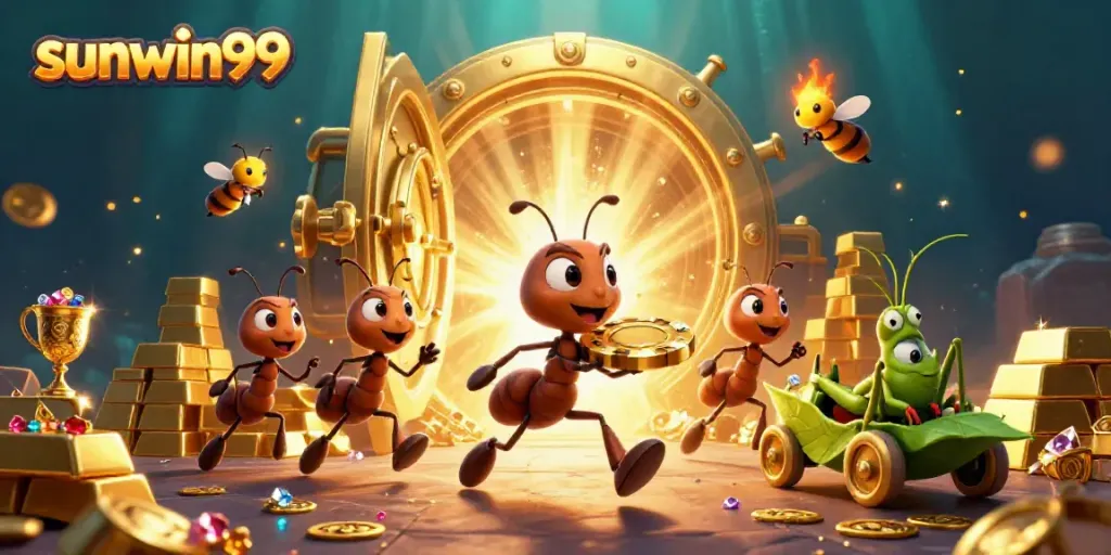 Sunwin99 team of ants heisting a golden poker chip in a dynamic casino scene.