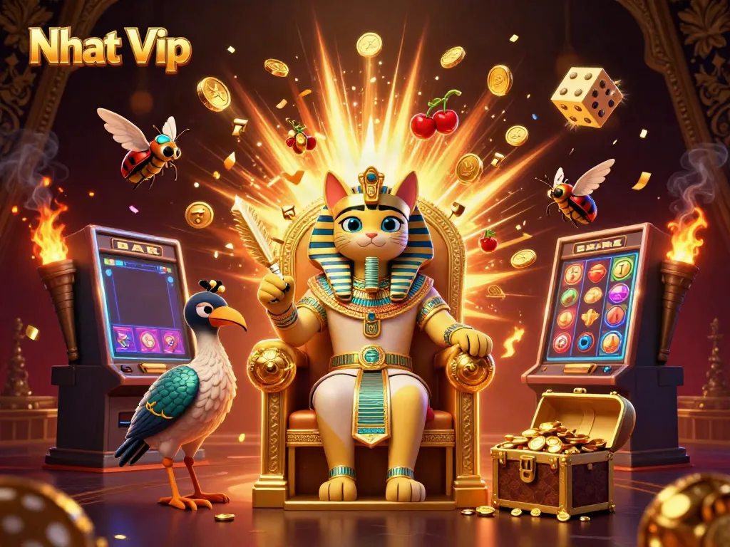 Nhat Vip slot machine and pharaoh cat create a lively casino atmosphere with vibrant elements.