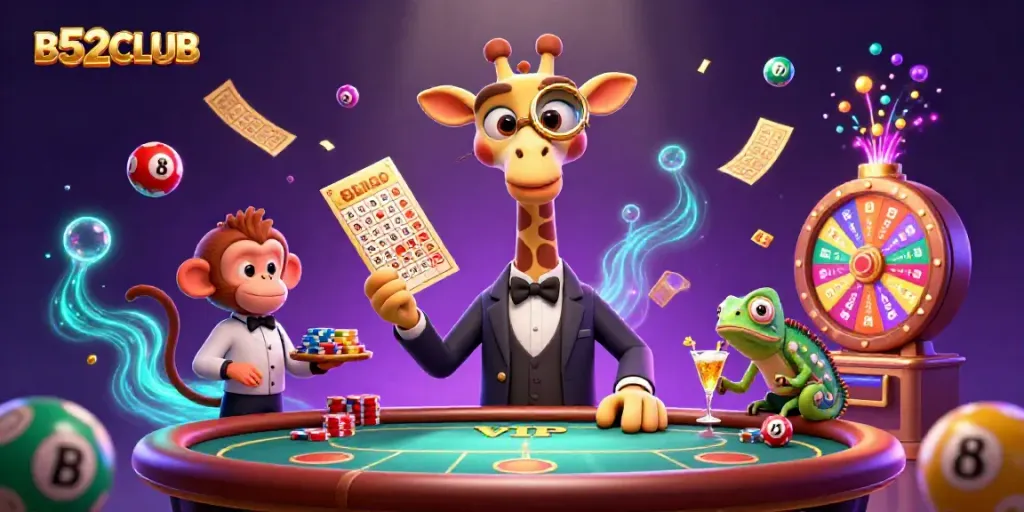 Experience the excitement of B52CLUB with a festive casino scene featuring vibrant characters and game elements.