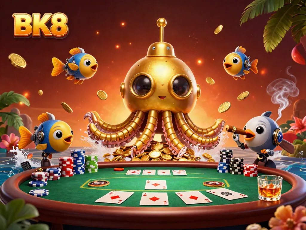 Experience BK8 excitement with a lively scene showcasing poker action and golden marine elements.