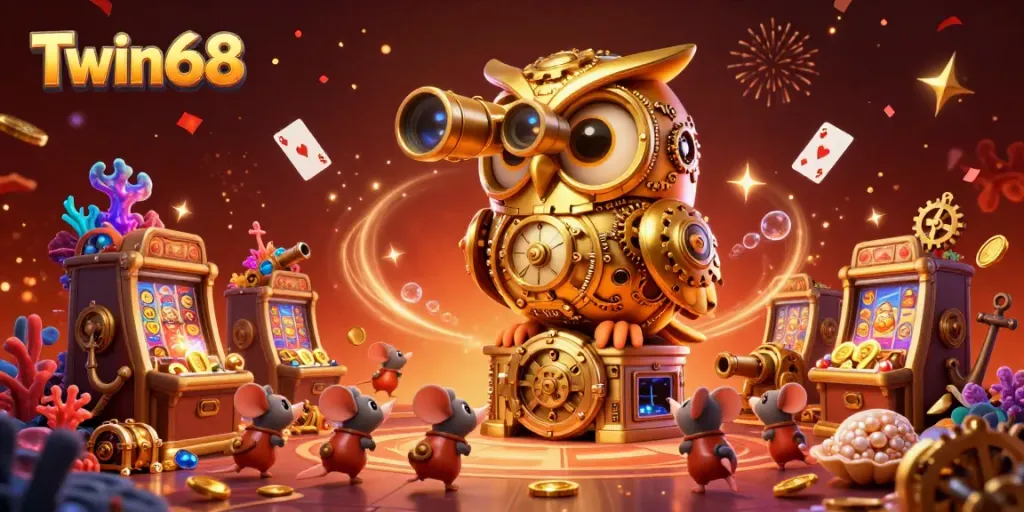 Twin68’s vibrant casino scene filled with a whimsical golden owl, and animated mice amid dynamic games.