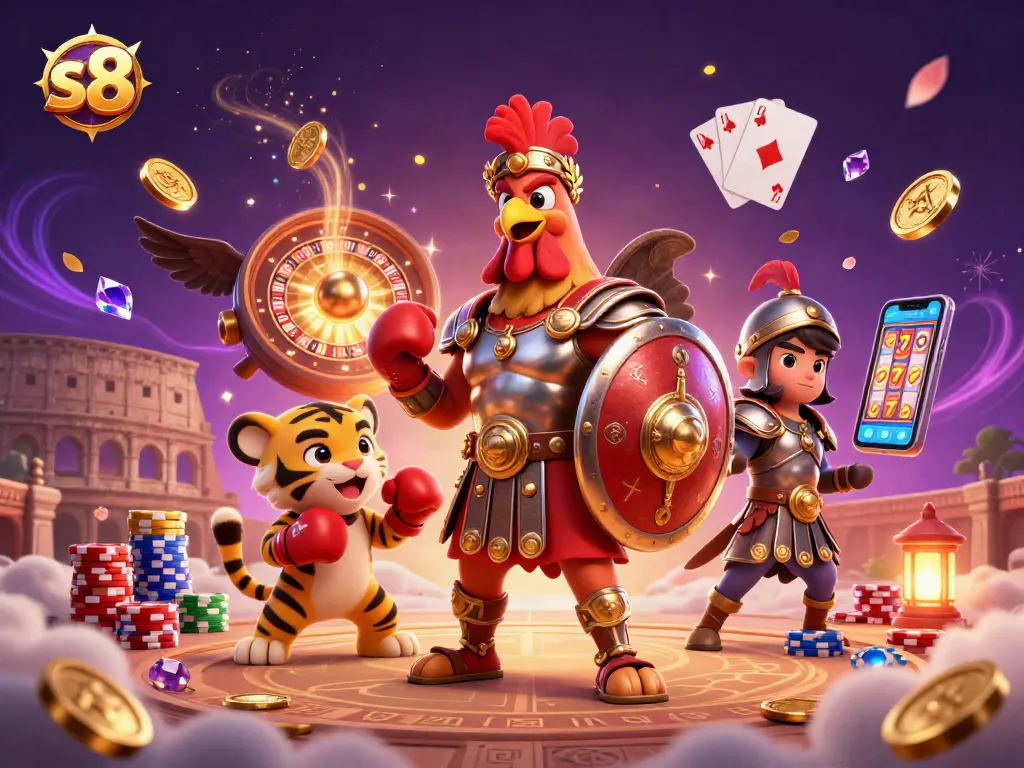 S8 offers a thrilling gaming experience with a vibrant scene of characters amidst cascading coins, showcasing the excitement of online casinos.