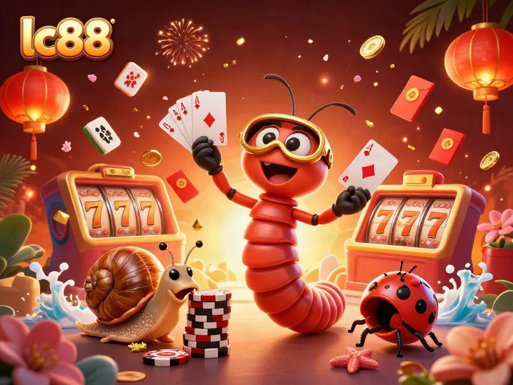 Experience thrilling gameplay with lc88's dynamic casino scene featuring a cartoon millipede dealer and exciting game elements.