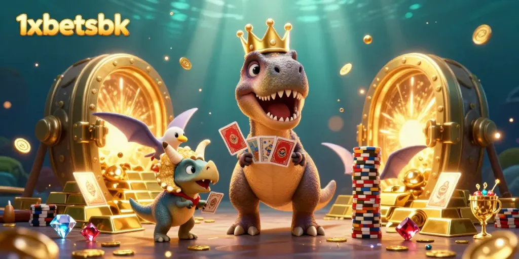 Engage with 1xbetsbk in a vibrant scene where a friendly T-Rex and his assistants shuffle cards and stack chips.