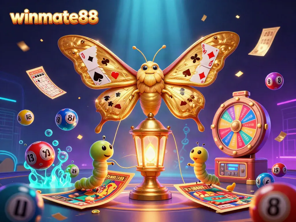 Experience winmate88's vibrant casino scene with a majestic moth, golden treasures, and lottery excitement.
