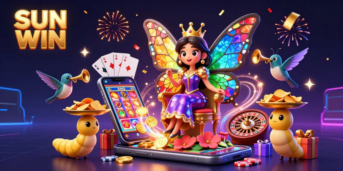 SUN WIN showcases a vibrant 3D scene with a butterfly queen and casino elements, celebrating wins.