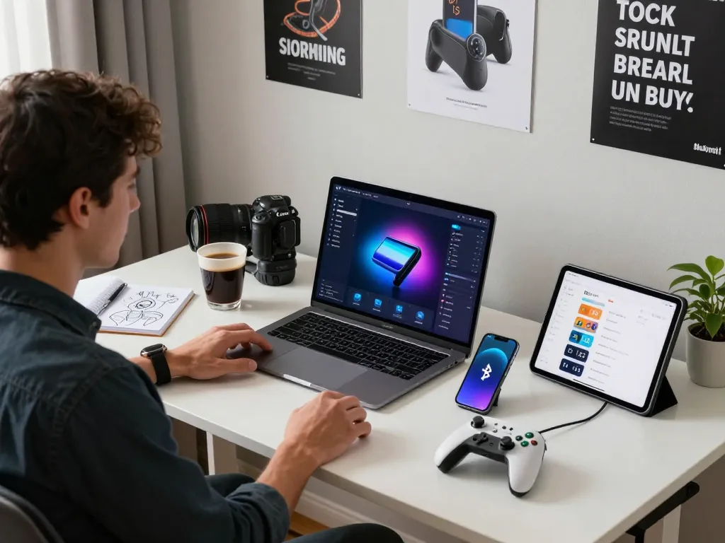 Dynamic home office scene showcasing must-have tech gadgets including controllers and smart devices.
