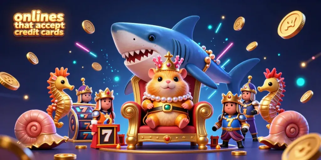 Engage with online casinos that accept credit cards featuring vibrant slot elements and a hamster king, depicting a lively gaming scene.