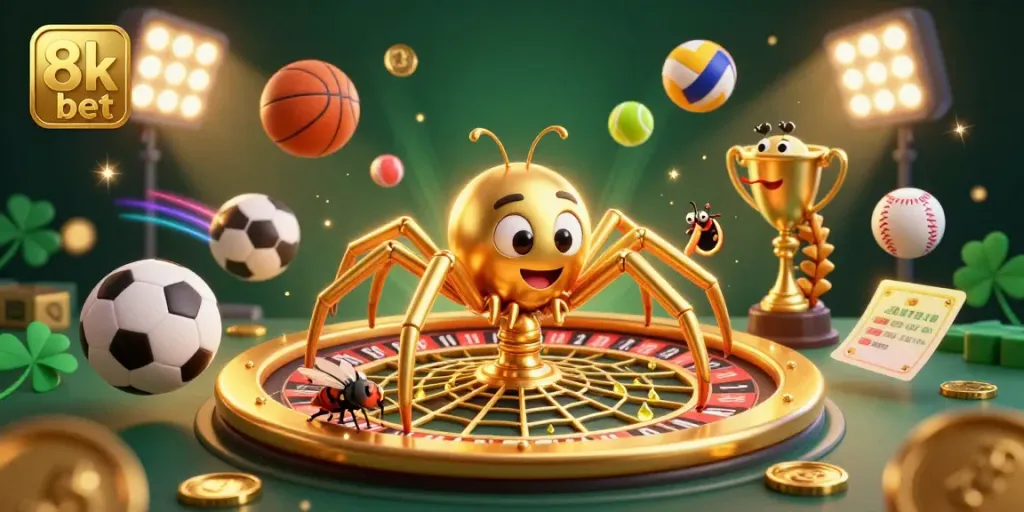 Experience the thrills of betting with 8k bet in a vibrant 3D casino scene full of action and vivid elements.