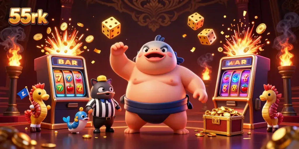 Engage with 55rk's jackpot excitement featuring a lively underwater scene with a fugu, catfish referee, and seahorse fans.