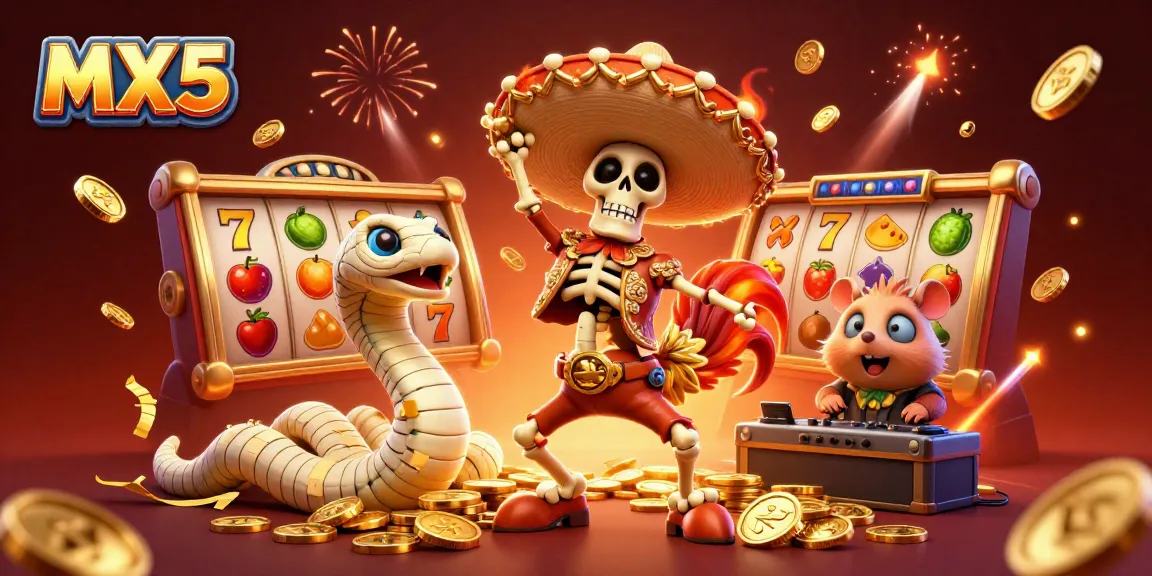 Experience excitement with MX5 as a mariachi rooster dances atop golden coins in this vibrant casino illustration.