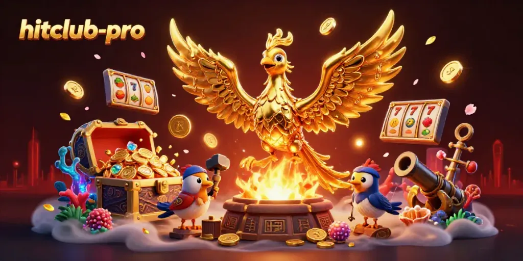 Engage in exciting gameplay with hitclub-pro featuring dynamic 3D golden phoenix, casino elements, and treasures.