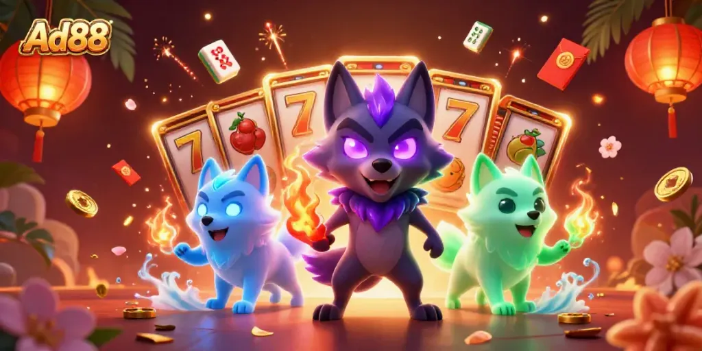 Win big with Ad88 featuring an exciting 3D slot scene with glowing wolf characters and casino elements.